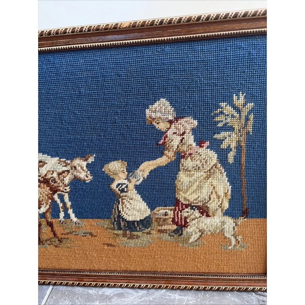 Vintage Framed‎ Hand Stitched Needlepoint Tapestry Art Rural Farm Scene Large